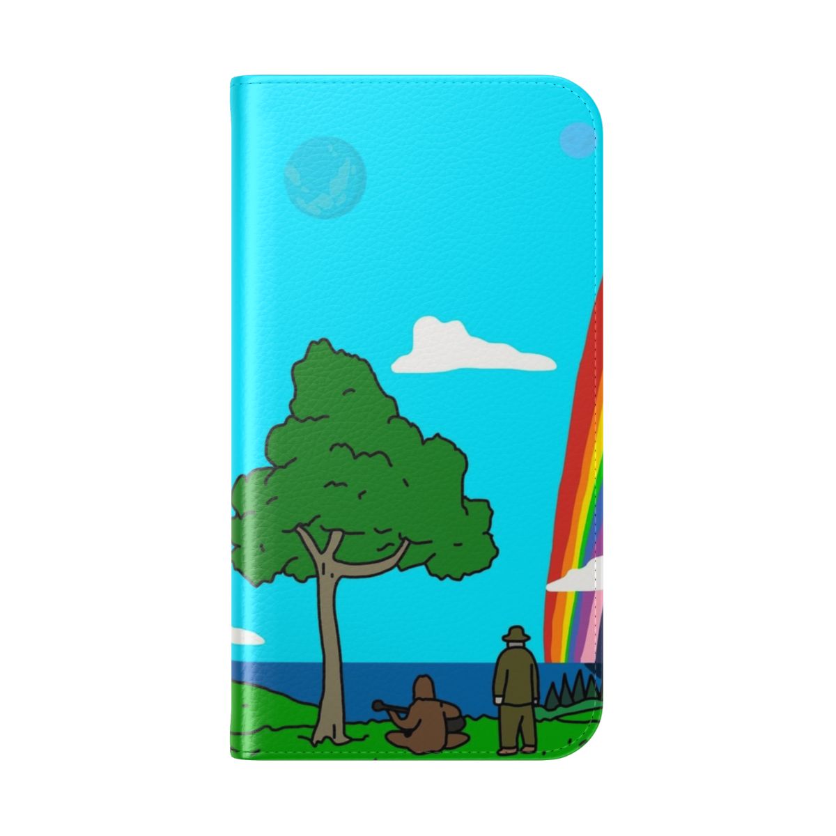 Colorful landscape-themed phone case design featuring characters from the popular Australian comedy series "The Big Lez Show" - Folded Back