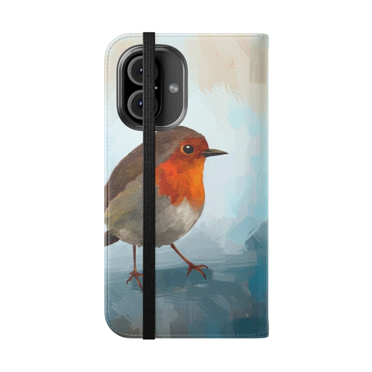 Close-up portrait of a robin bird with bright orange and blue feathers on a phone case. - Folded Front