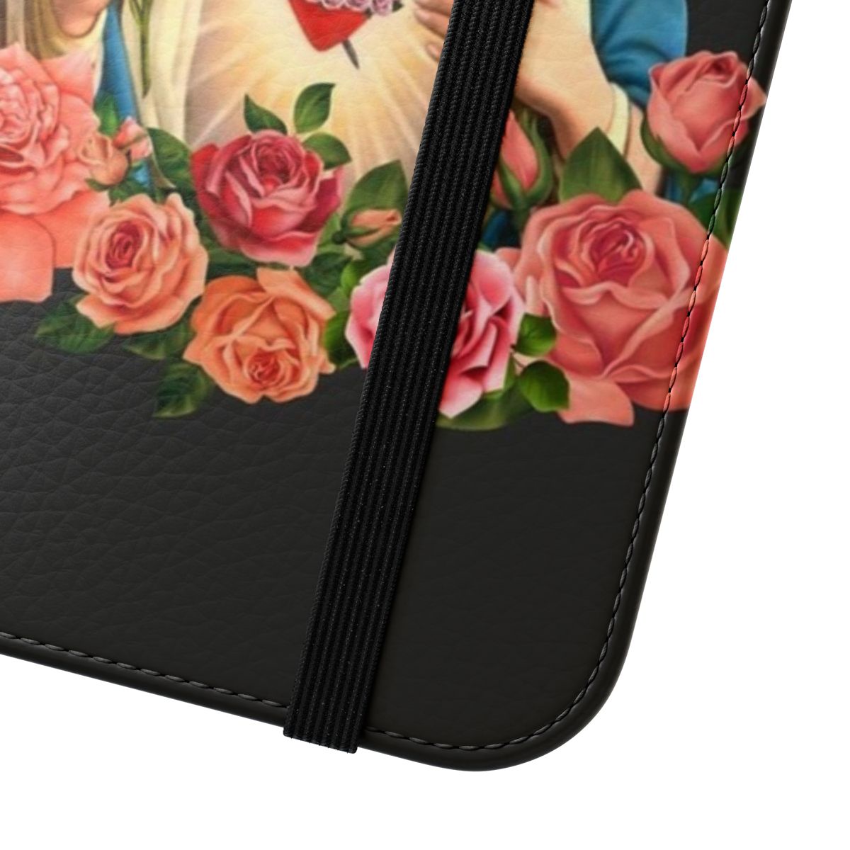 Stylish flip cover phone case featuring a Virgin Mary design inspired by the Kardashian family. - Close Up