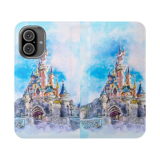 Whimsical castle-themed flip phone case with watercolor design