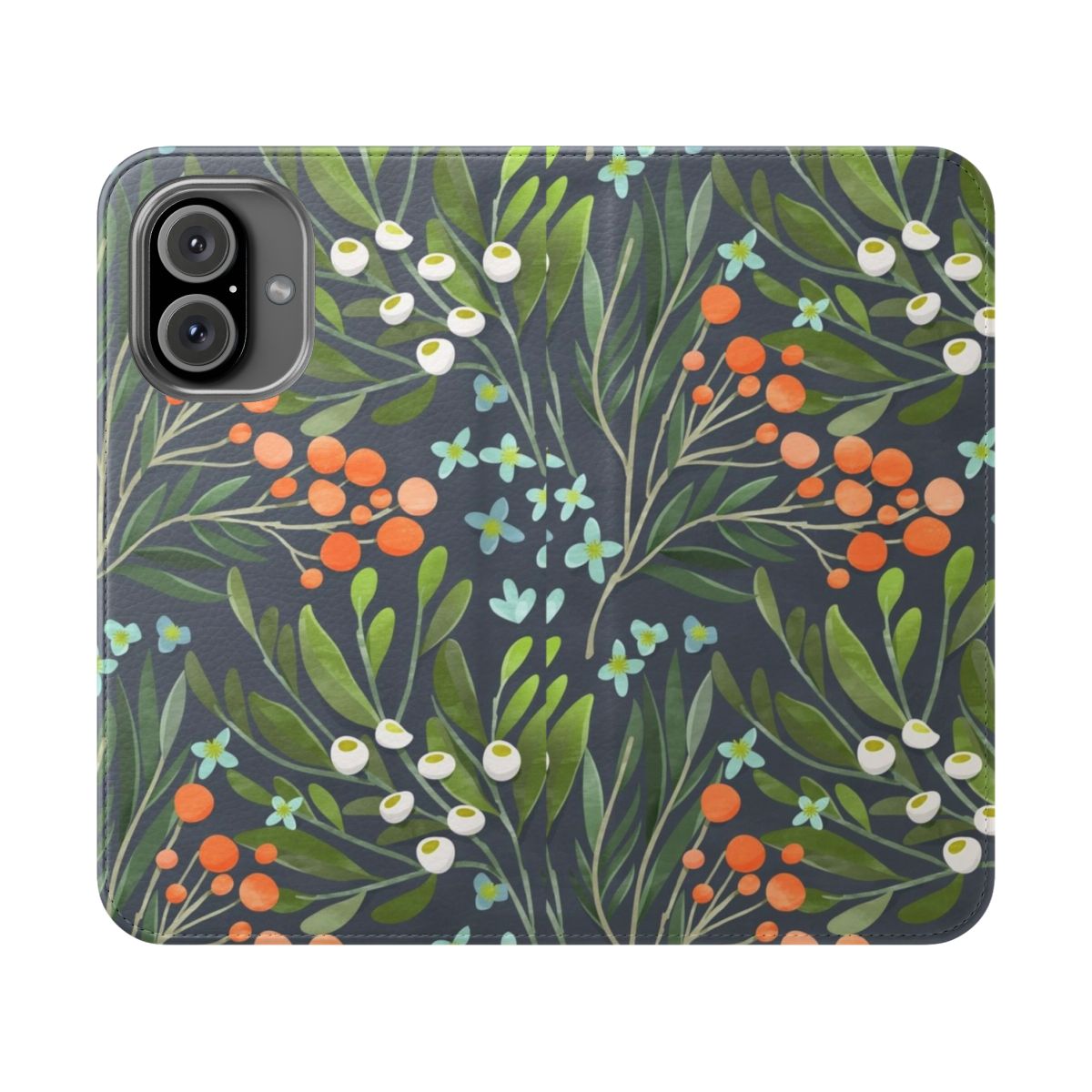 Closeup of a phone case with a vibrant floral and botanical design in shades of green, blue, pink, and teal.