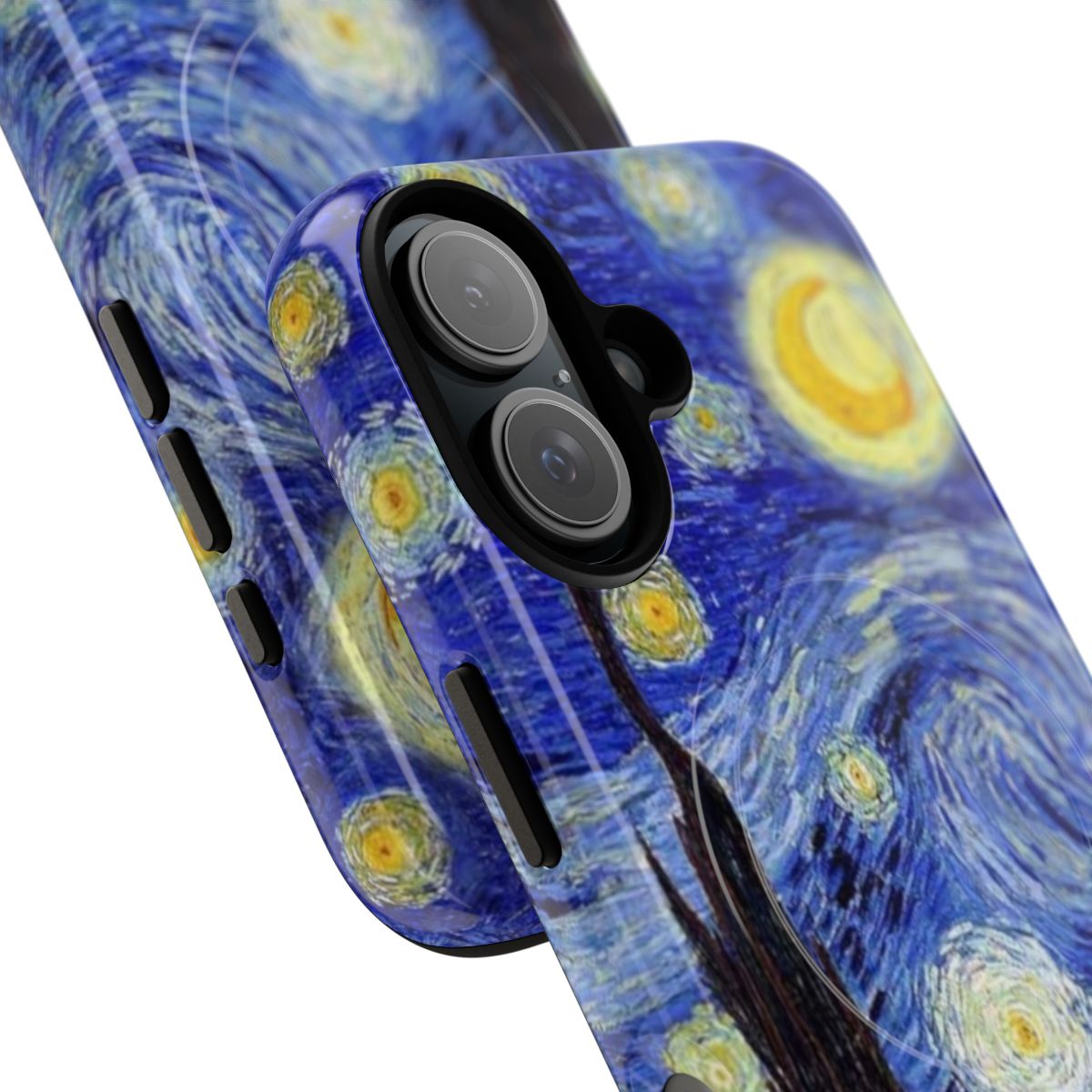 Phone case featuring a night sky with mountains and stars, inspired by Van Gogh's iconic painting "The Starry Night". - Detail