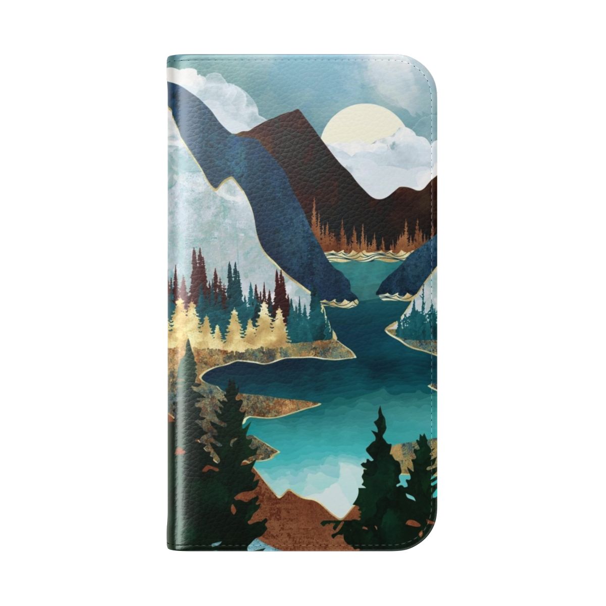 Flip cover phone case with a scenic river and mountain landscape design - Folded Back