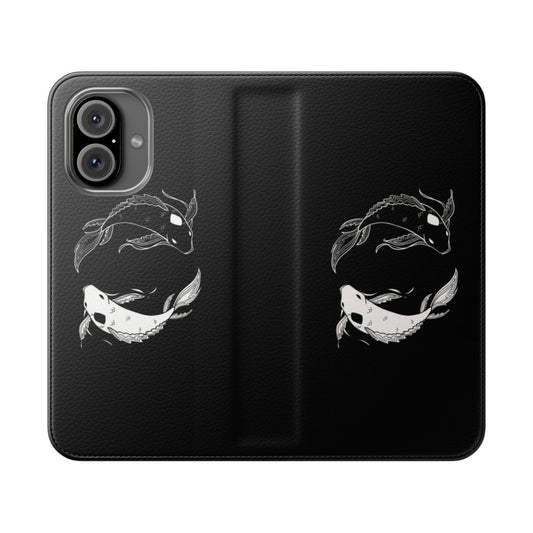 Image of a phone case featuring a striking black and white spirit fish or koi fish design with moon and ocean elements, inspired by Avatar: The Last Airbender.