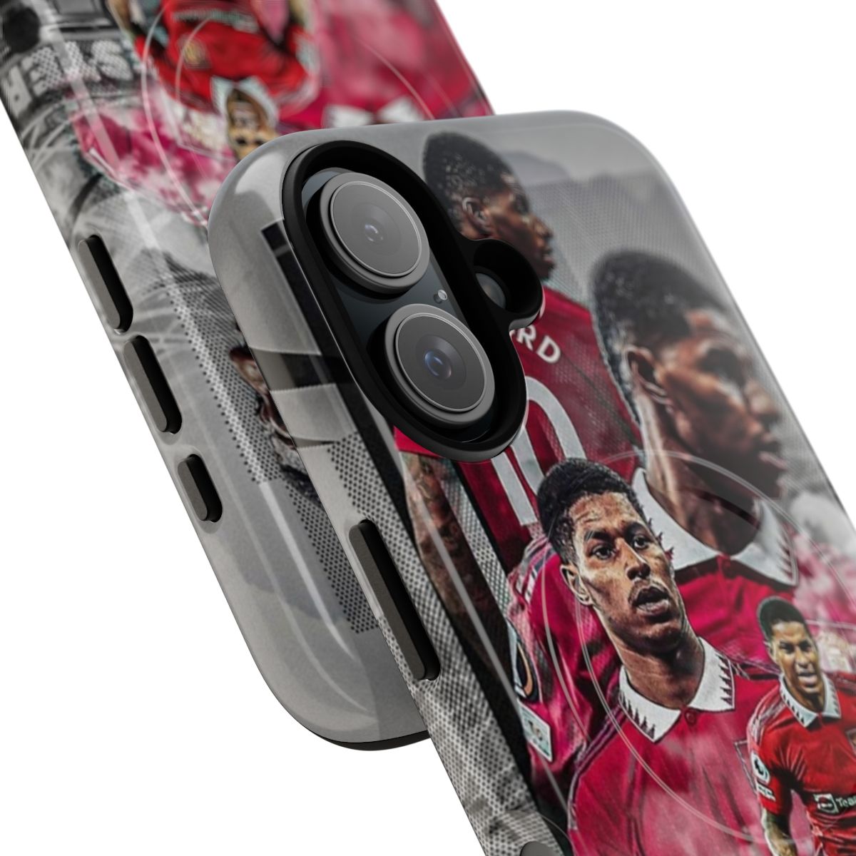 Vibrant red graphic art phone case featuring Marcus Rashford's iconic illustration - Detail