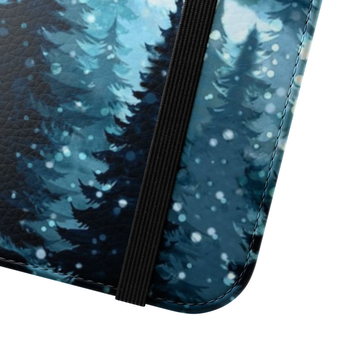 Watercolor painting of a snowy pine forest and mountains at night with snowflakes. - Close Up