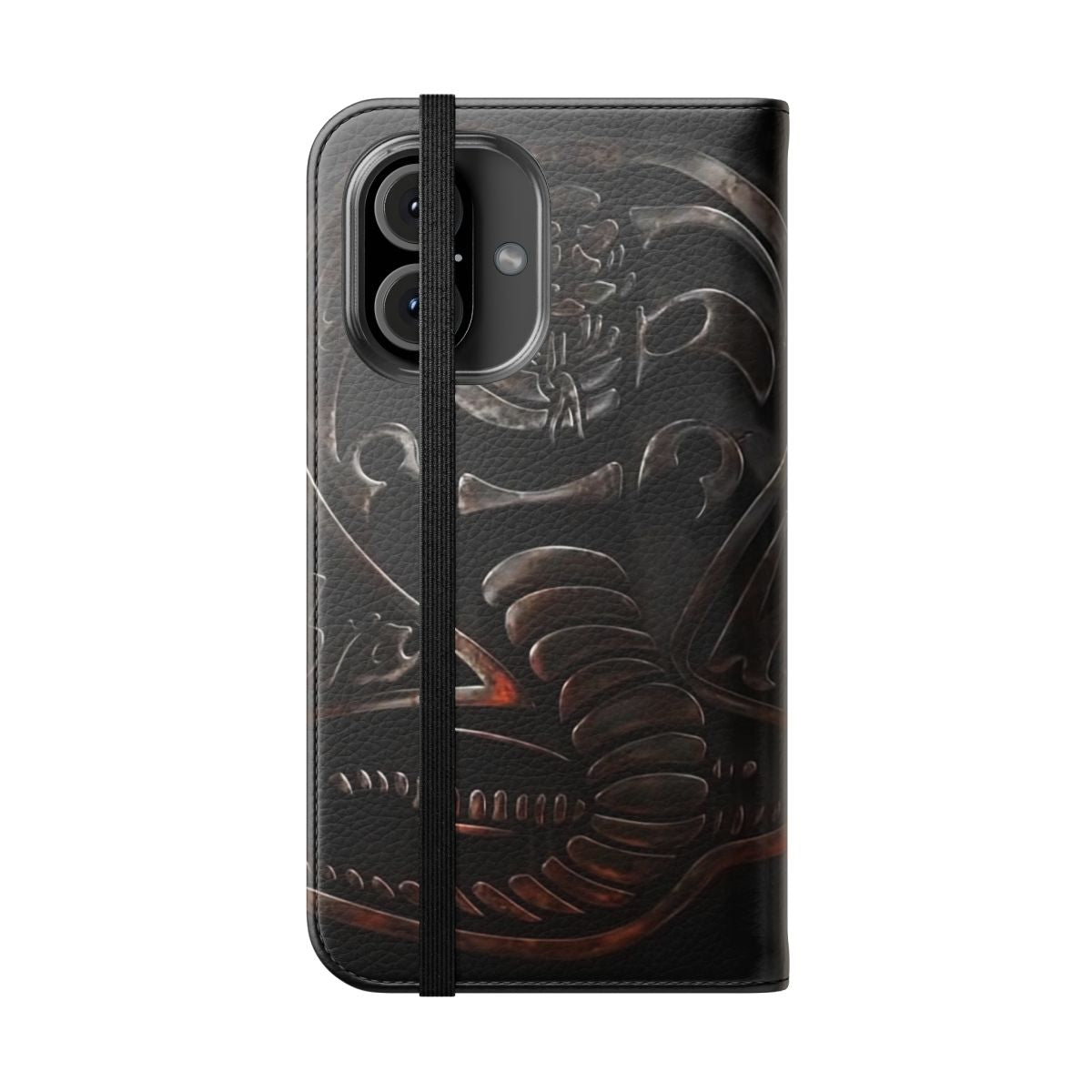 Silver metal flip cover phone case with a snake design, inspired by the Cobra Kai TV series - Folded Front