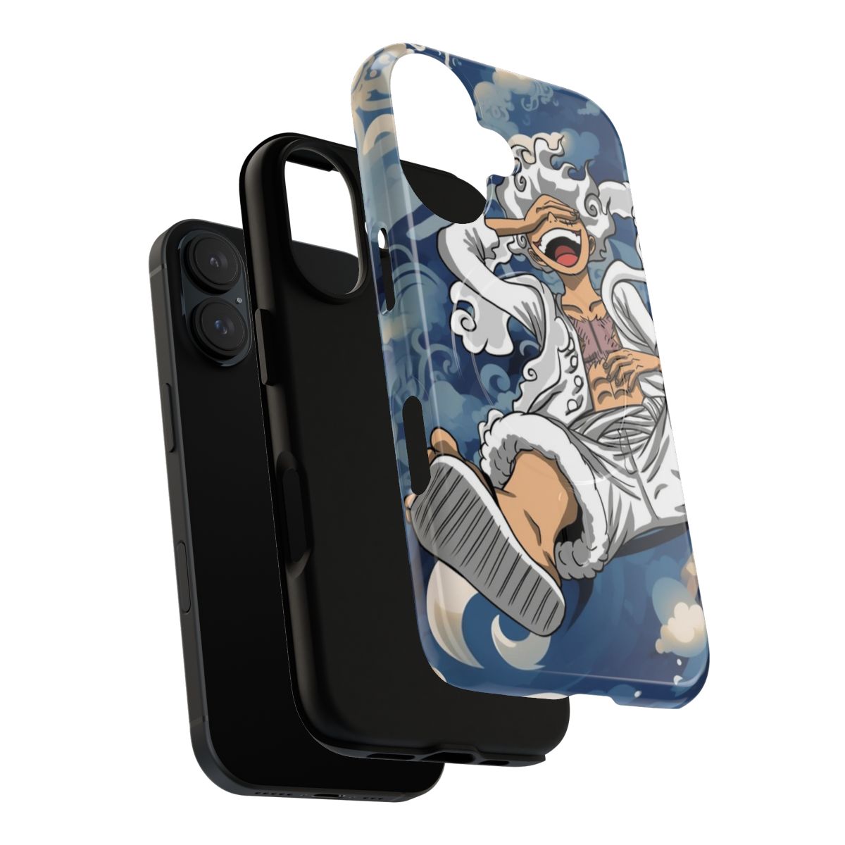 Artistic depiction of Luffy's 5th gear form from the anime One Piece, featured on a durable, magnetic phone case. - Layers