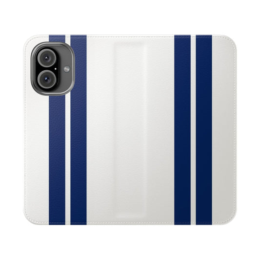 Blue and white racing stripes pattern on a flip cover phone case, perfect for muscle car fans.