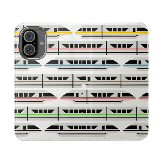 Disney-inspired flip cover phone case with a classic monorail design in vibrant colors.