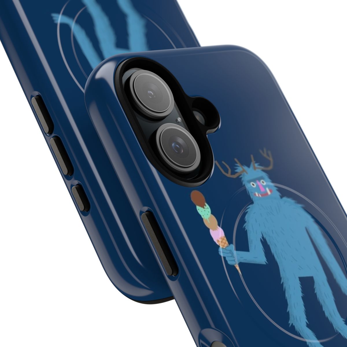 A close-up of a phone case featuring a cartoon-style sasquatch or yeti design. - Detail