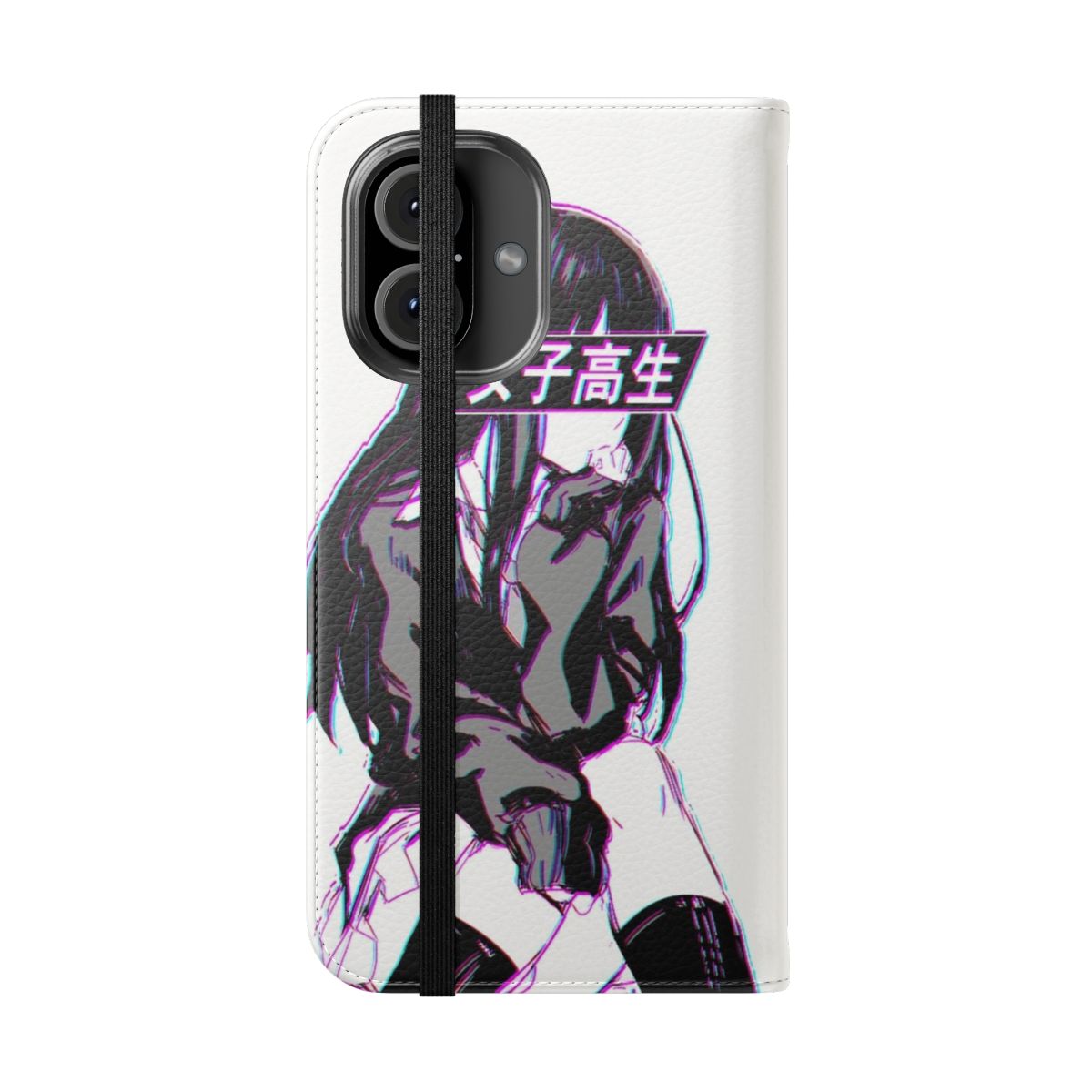 Emo Japanese anime aesthetic flip cover phone case with grunge, goth, and sad design elements. - Folded Front