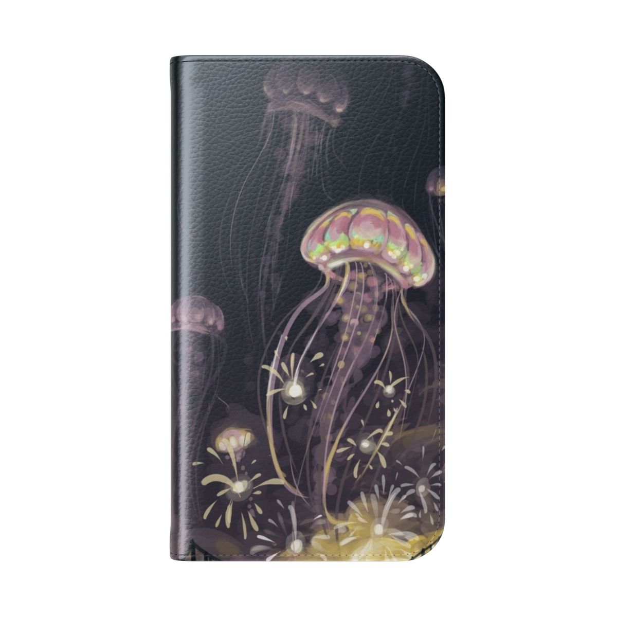 Artistic phone case with a beautiful nature and scenery design featuring a jellyfish, night sky, fireworks, and bridge. - Folded Back