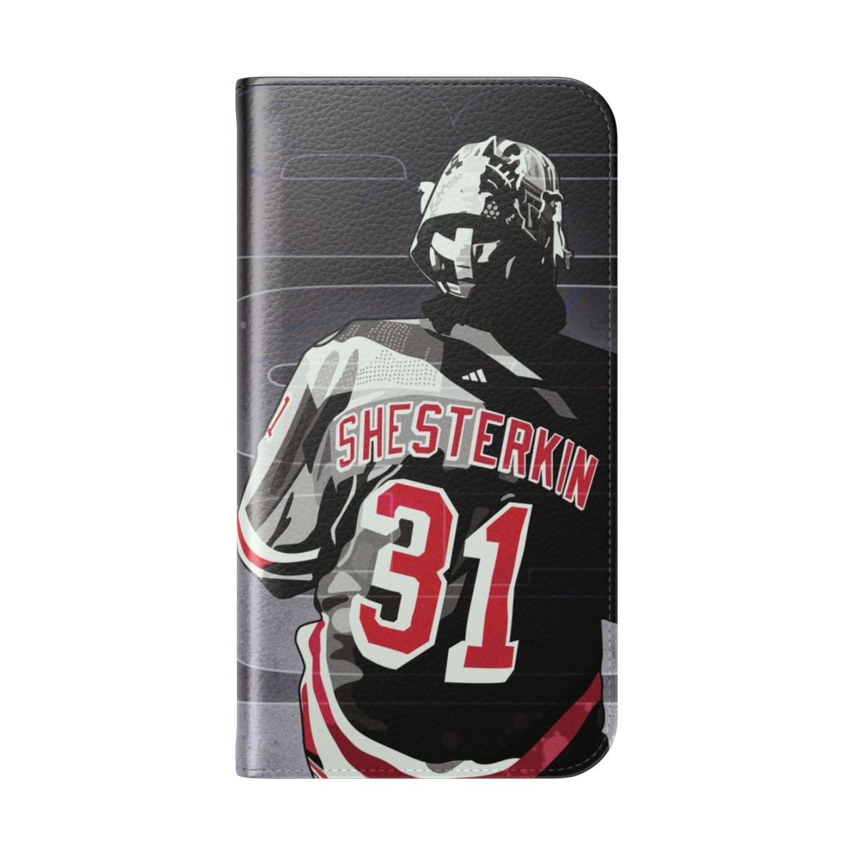 Flip cover phone case featuring artwork of New York hockey goalie Igor Shesterkin - Folded Back