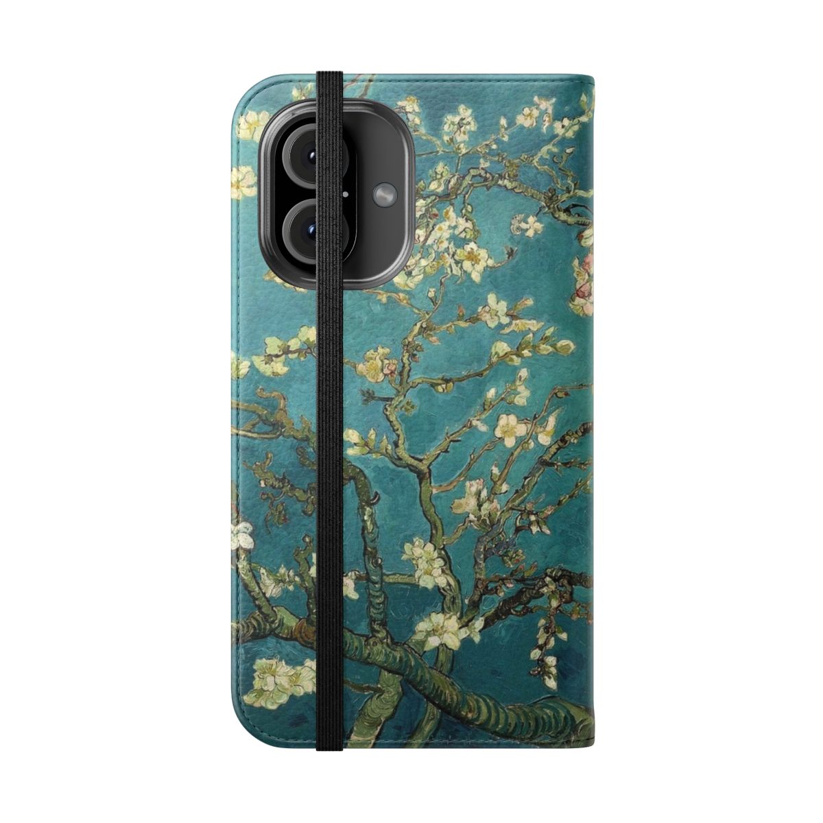 Impressionist art flip cover phone case featuring a classic painting of the Blossoming Almond Tree by Vincent van Gogh - Folded Front