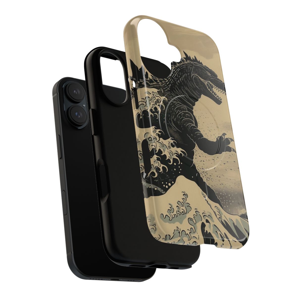 Godzilla Surfing The Great Wave Off Kanagawa Vintage Parody Phone Case - Layers