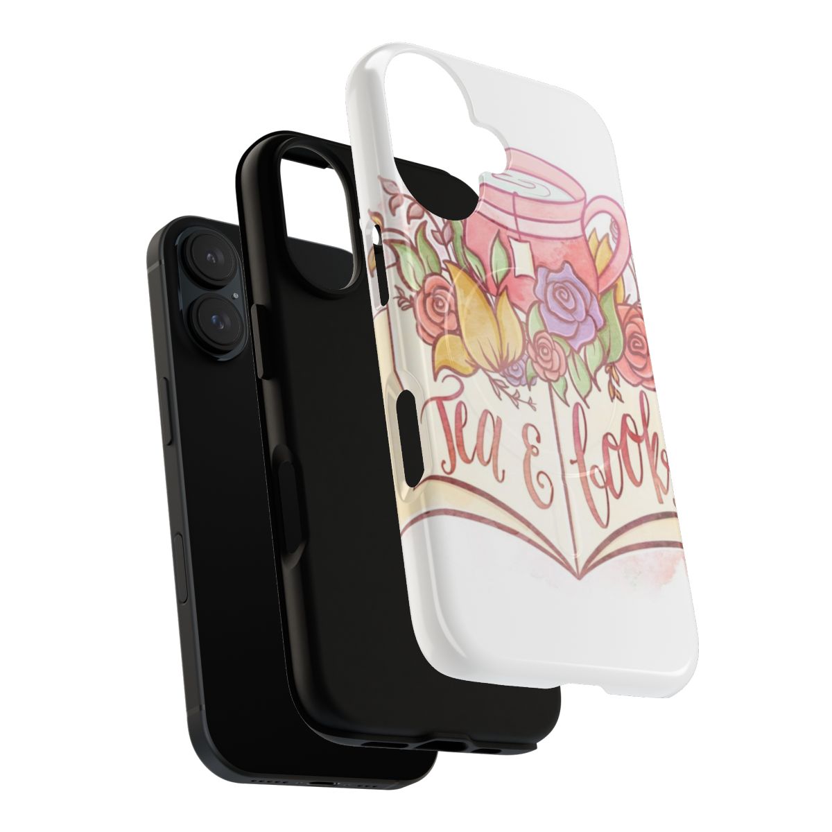 Magnetic tough phone case with a watercolor floral and typography design featuring the words "Tea & Books" - Layers