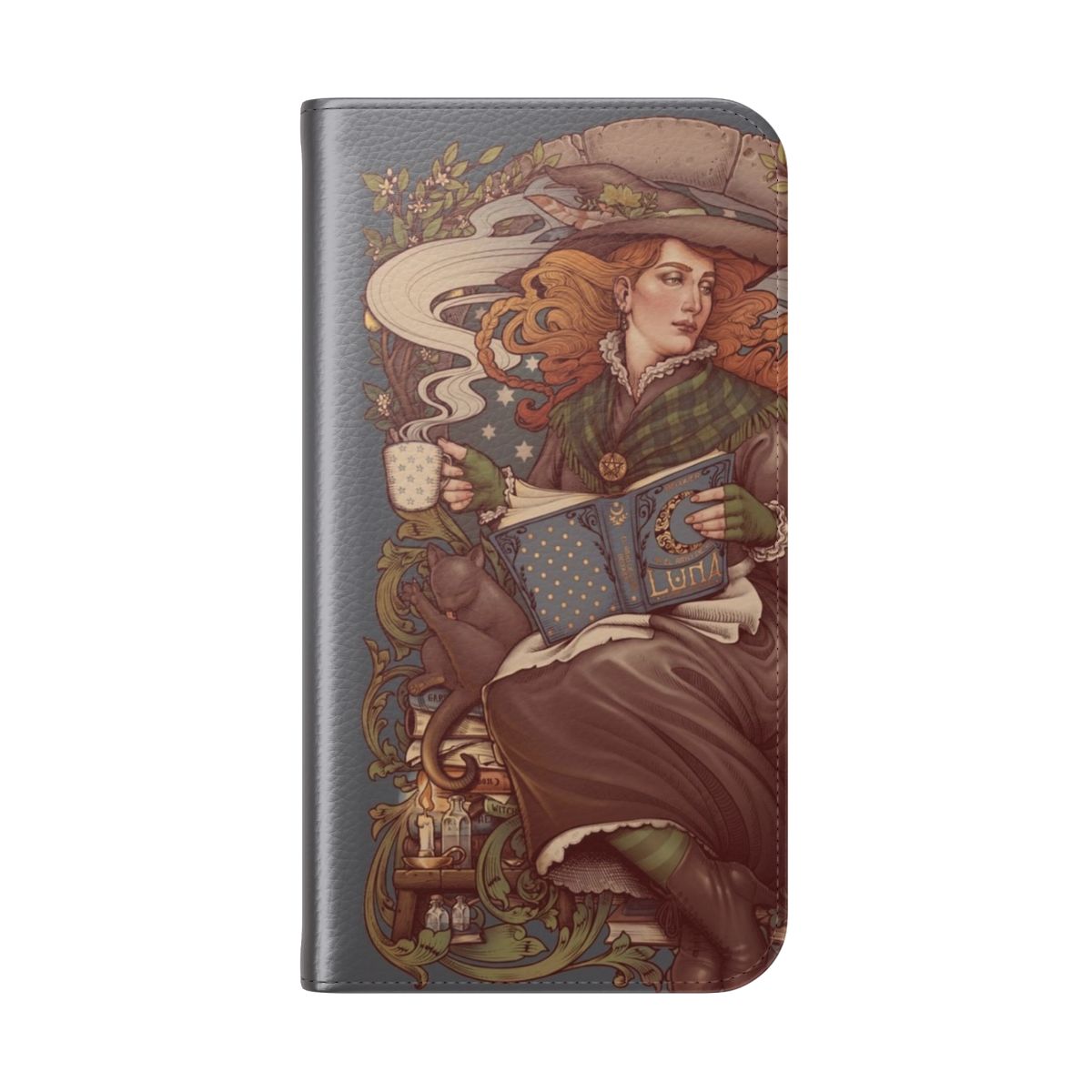 Artistic flip cover phone case with gothic and bohemian designs, featuring a black cat, lemon tree, and Gustavo Adolfo Becquer inspired artwork. - Folded Back