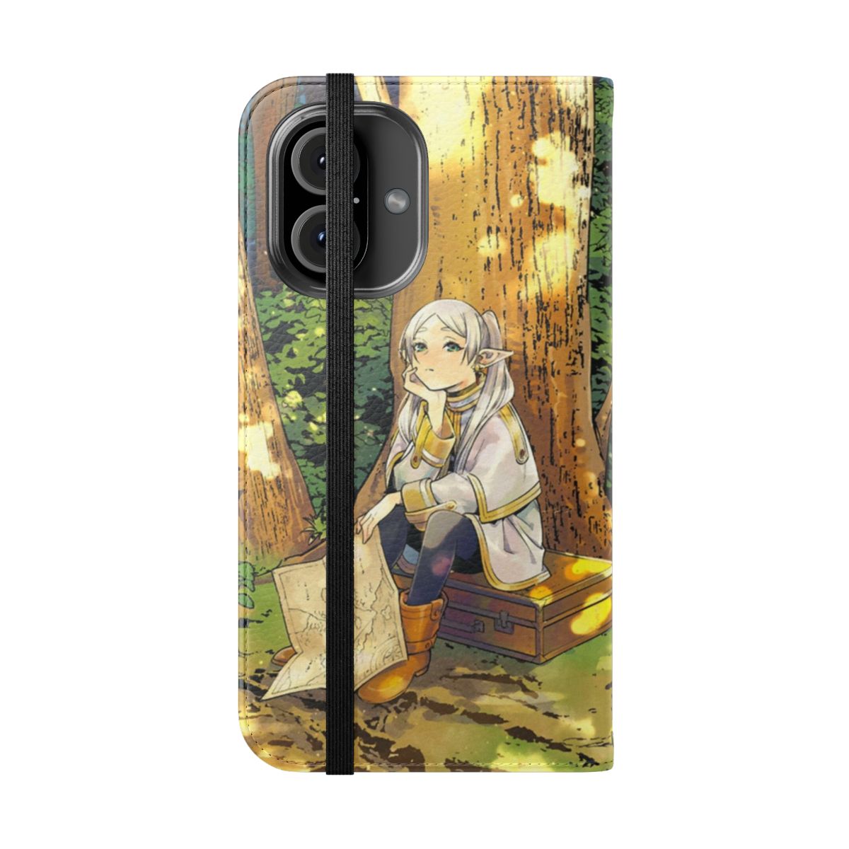 Sousou no Frieren inspired flip phone case with characters Fern, Stark, Himmel, and Eisen - Folded Front