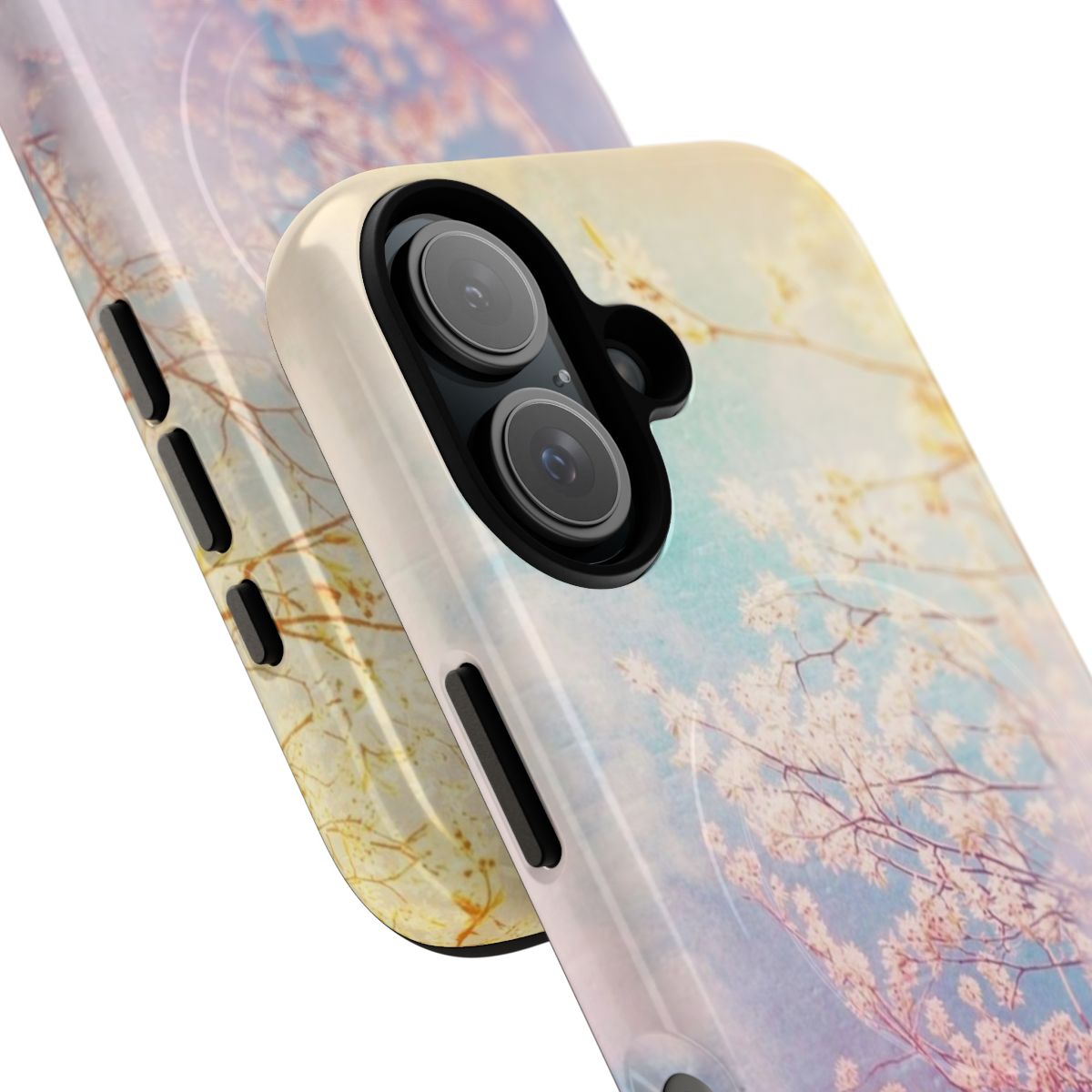 Pastel spring nature magnetic tough phone case featuring a scenic design with trees, clouds, and soft pastel colors. - Detail