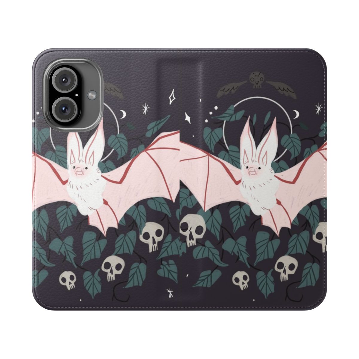 A flip cover phone case featuring a desert long-eared bat in a spooky, witchy design.