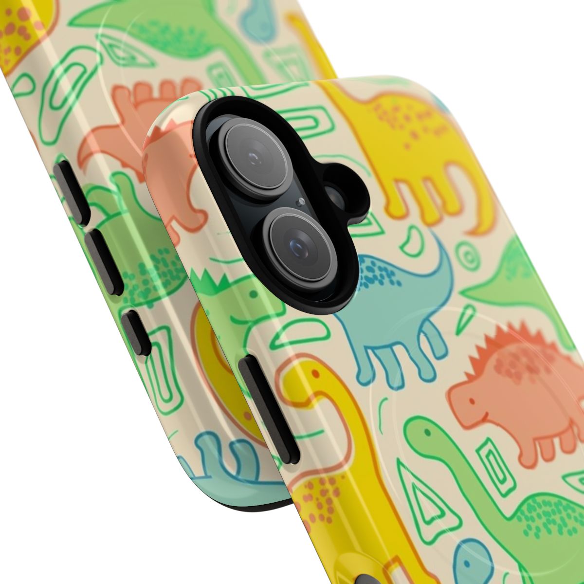 Colorful dinosaur pattern on a tough, magnetic phone case - Detail