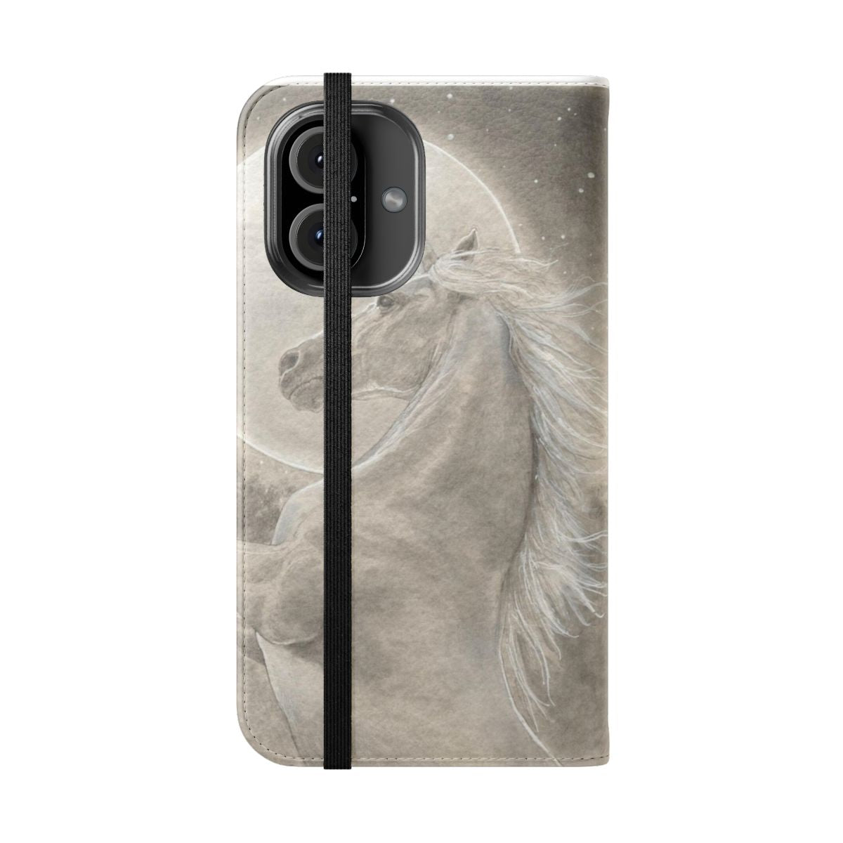 A whimsical flip phone case featuring a unicorn silhouette against a crescent moon. - Folded Front