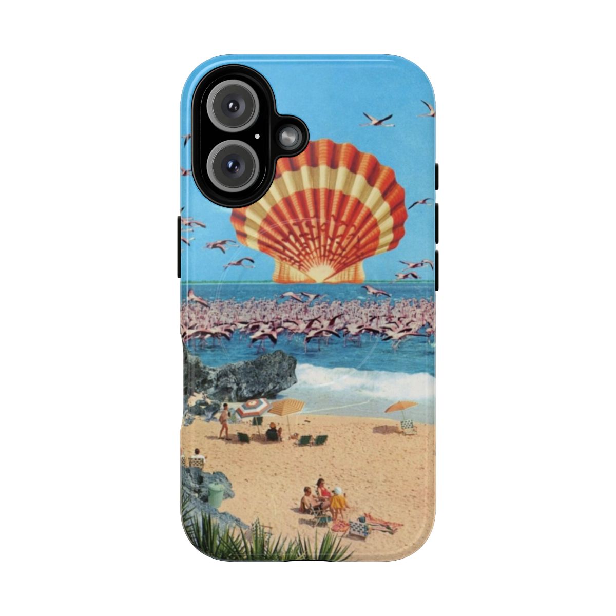 A magnetic phone case featuring a surreal collage design with a flamingo, vintage beach elements, and a trippy, psychedelic landscape.