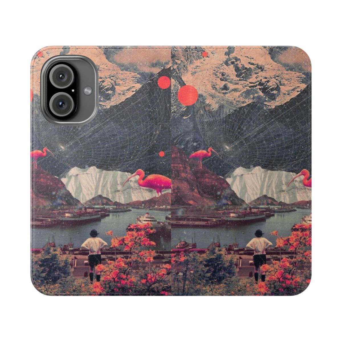 Flip cover phone case with surreal landscape design featuring mountains, flamingos, and a woman