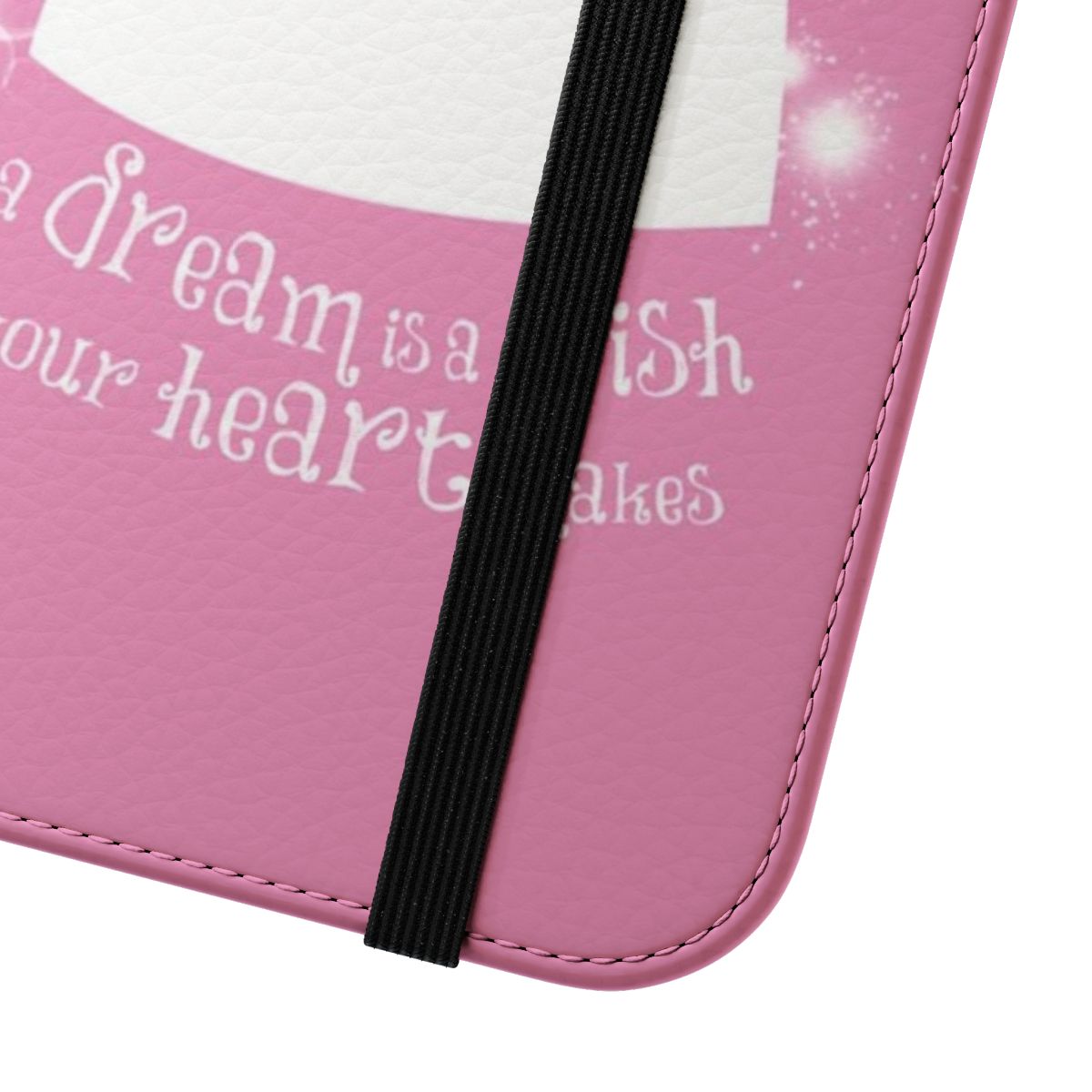 Cinderella silhouette graphic on a flip phone case with the quote "A Dream is a Wish Your Heart Makes" - Close Up