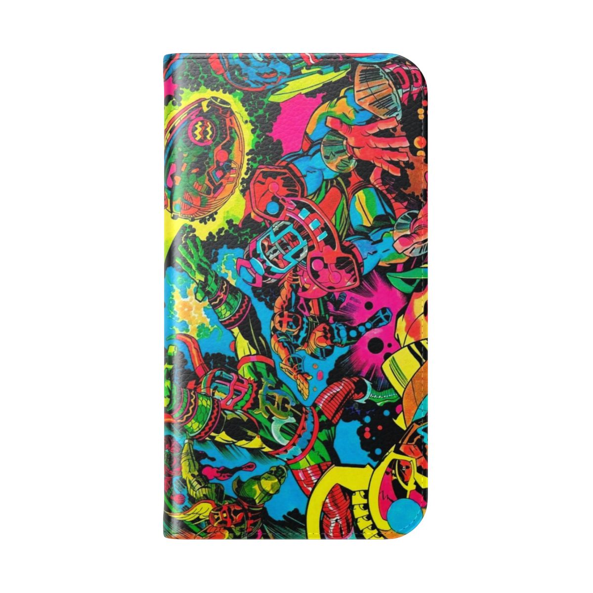 Colorful phone case with retro comic book inspired psychedelic superhero design - Folded Back