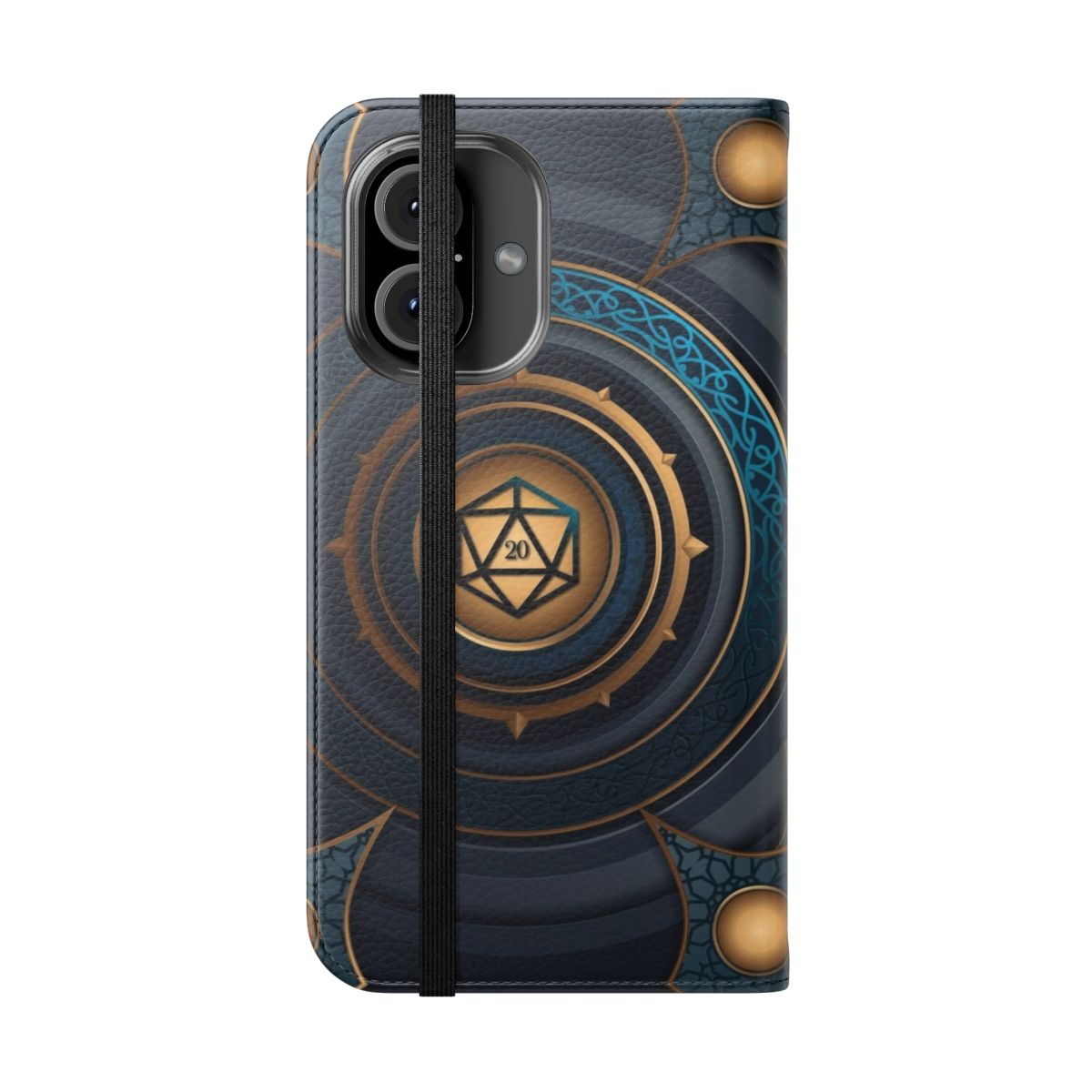 Polyhedral dice set in a flip cover phone case design for tabletop RPG enthusiasts. - Folded Front