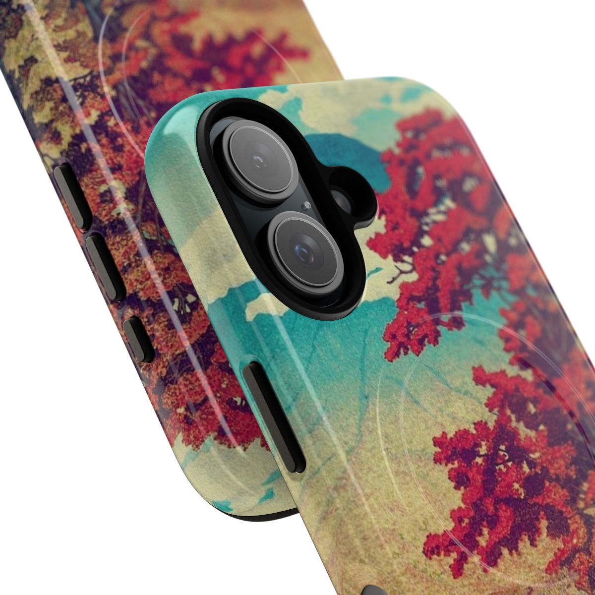 Magnetic phone case featuring a serene Japanese landscape with mountains, a lake, and clouds. - Detail