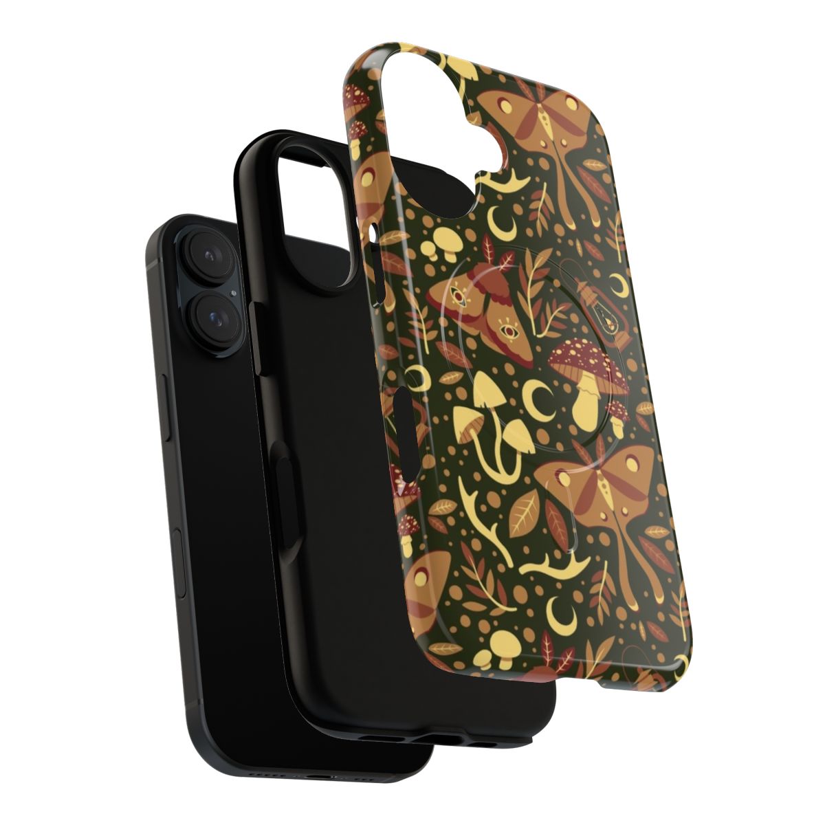 A green phone case with a mystical forest and mushroom pattern, featuring antlers, leaves, and a lantern. - Layers