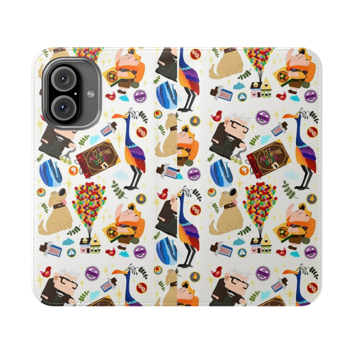 Flip cover phone case with illustrations inspired by the Pixar movie "Up"