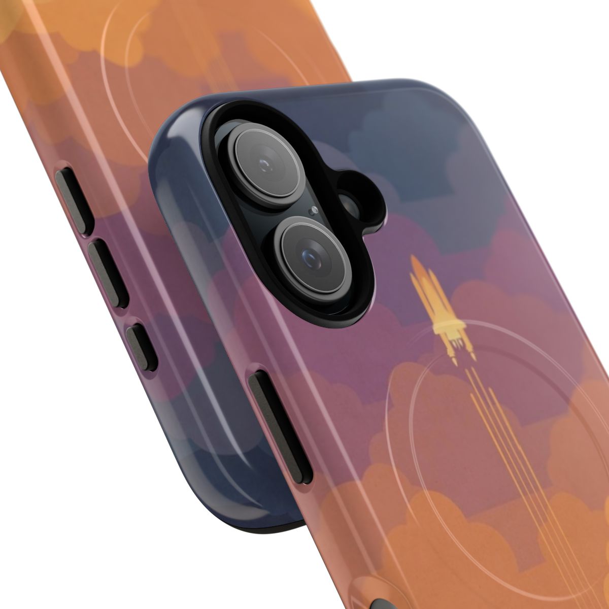 A phone case with an artistic space-themed design featuring clouds, a sunset sky, and a rocket or spaceship. - Detail