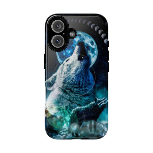 A phone case featuring a detailed wolf howling at the moon against a starry night sky background.