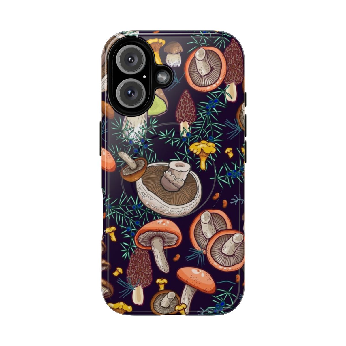 A phone case featuring a dark, dreamy forest scene with fungi, mosses, and other botanical elements