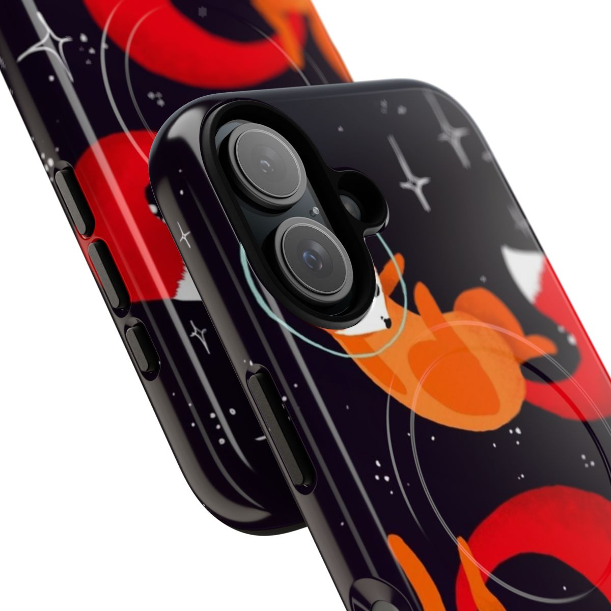 Artistic illustration of playful space foxes on a magnetic tough phone case - Detail