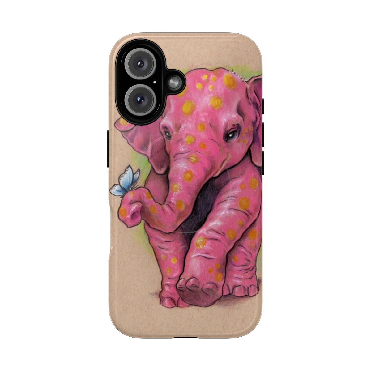 Artistic pink elephant phone case with golden spots, designed by teejay/justteejay.