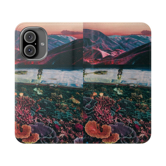 Vibrant abstract phone case featuring a digital collage design with underwater coral, mountains, and a trippy, bohemian aesthetic.