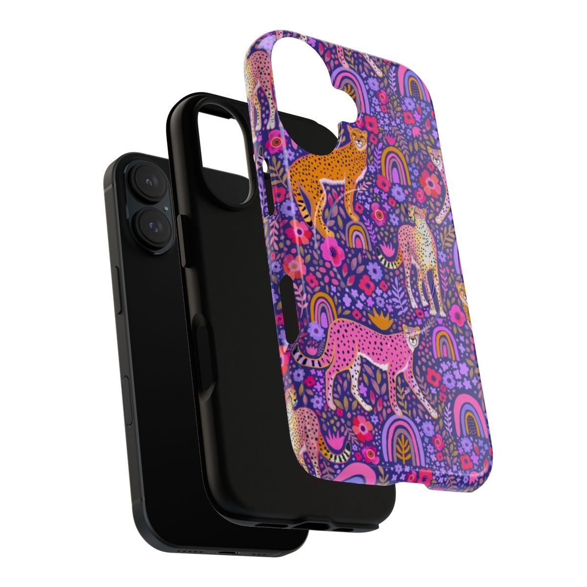 Vibrant illustration of cheetahs in a rainbow garden on a navy blue magnetic phone case - Layers