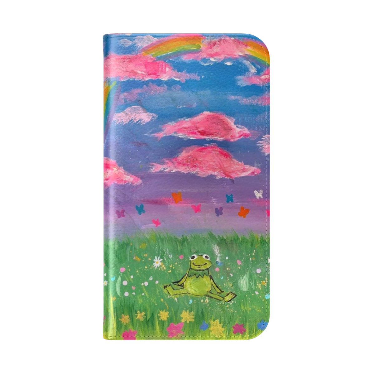 Colorful flip phone case featuring an illustration of Kermit the Frog in a rainbow design - Folded Back