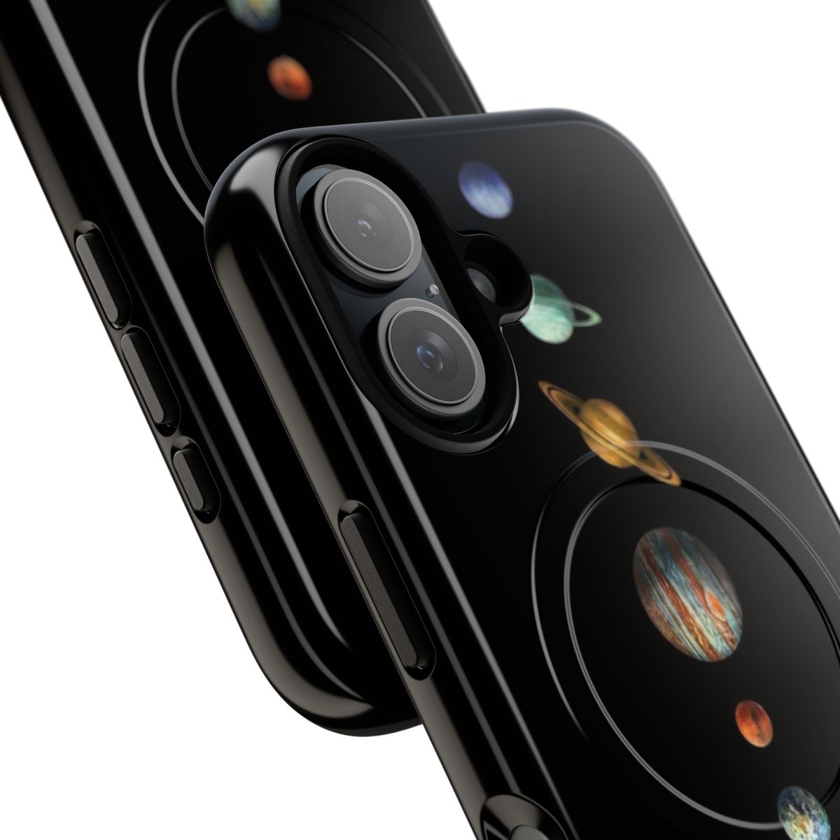 Colorful phone case featuring digital illustration of the solar system planets and galaxy by artist Terry Fan. - Detail