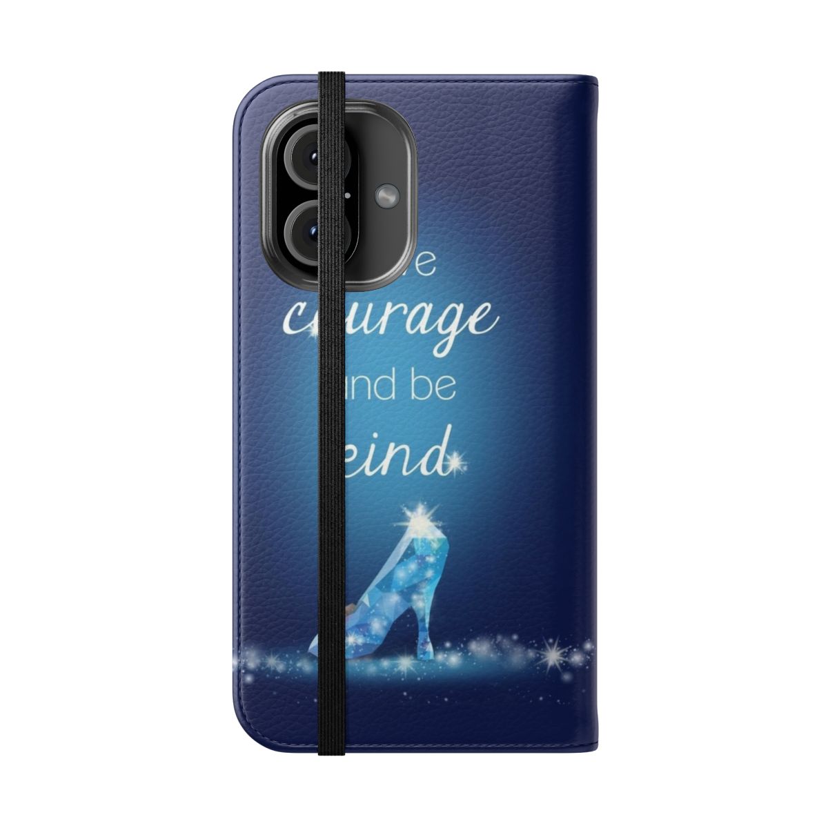 Flip cover phone case with gold typography "Have Courage" against a neutral background. - Folded Front