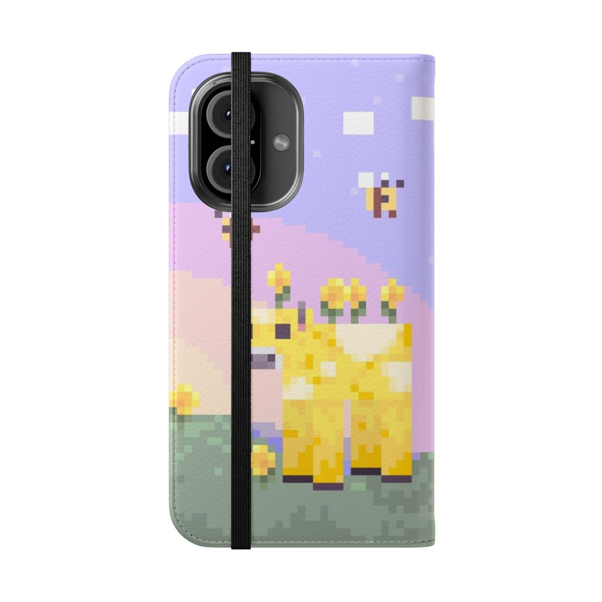 Pastel-colored Minecraft Moobloom and Bee design on a flip cover phone case - Folded Front