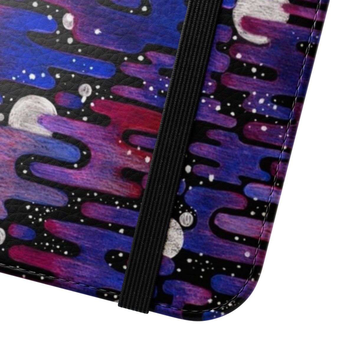 Flip phone case featuring a colorful cosmic pattern with planets, stars and galaxy elements. - Close Up