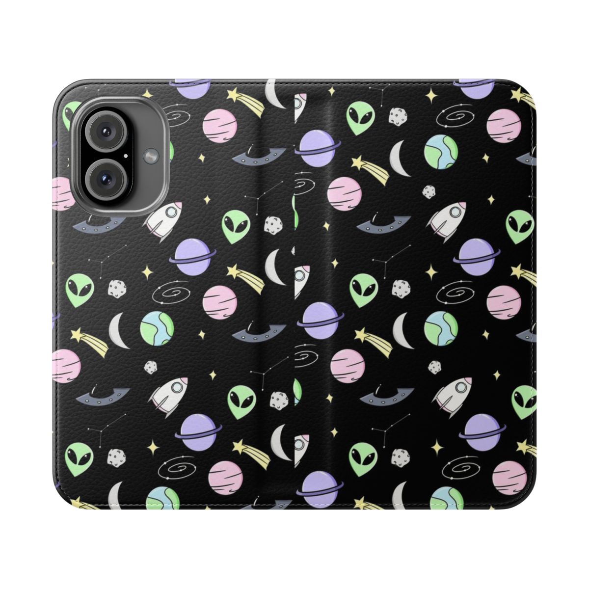 Sleek and stylish flip cover phone case with a space-inspired aesthetic design featuring stars, galaxies, and a cosmic theme.