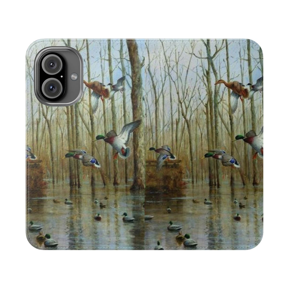 Mallard-patterned flip cover phone case with timber and swamp motifs for outdoor enthusiasts