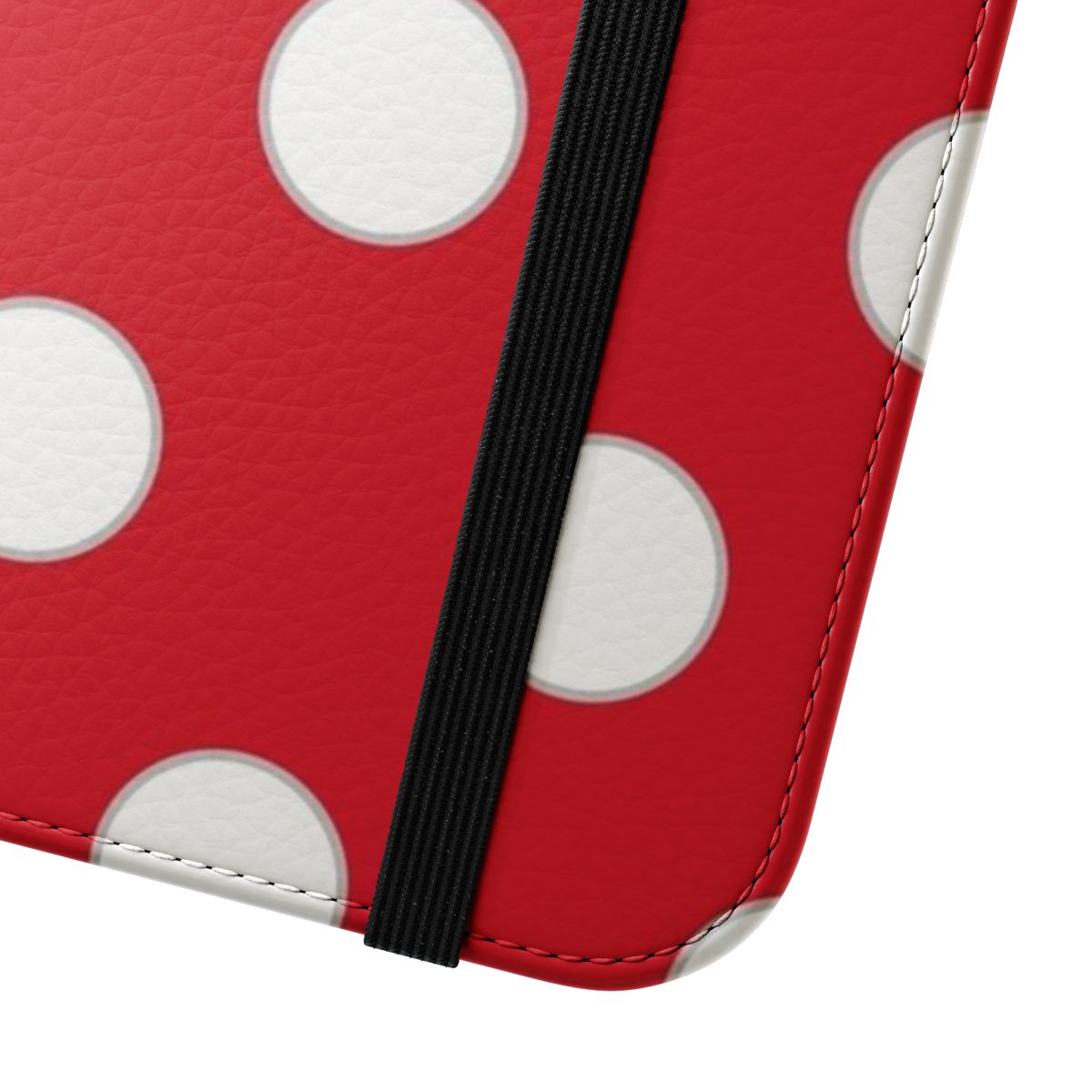 A red, white, and grey flip cover phone case with a Minnie Mouse inspired design. - Close Up